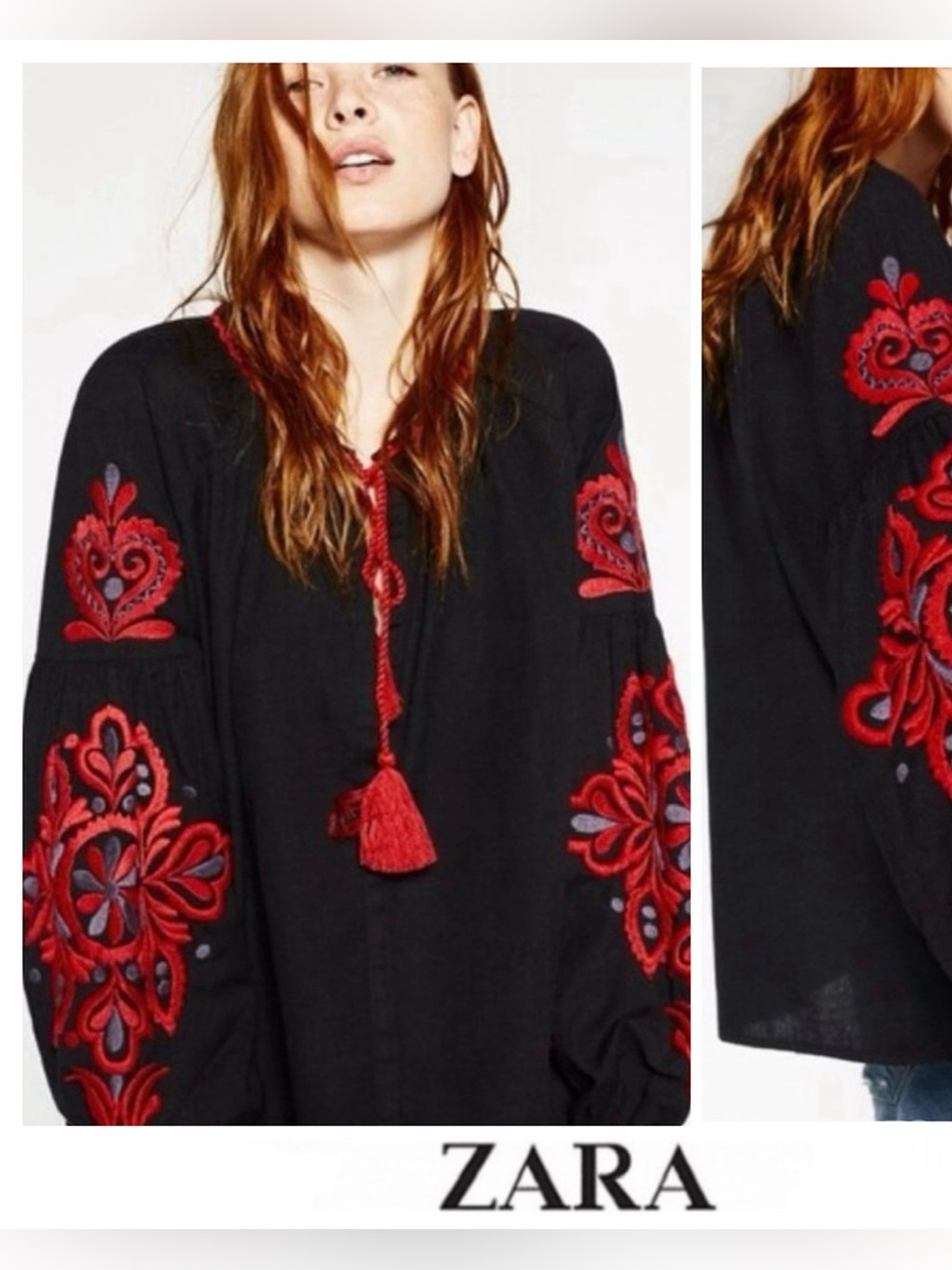 ZARA Black Red Embroidery Cotton Blend Bohemian Long Sleeves Oversized Top Sz XS